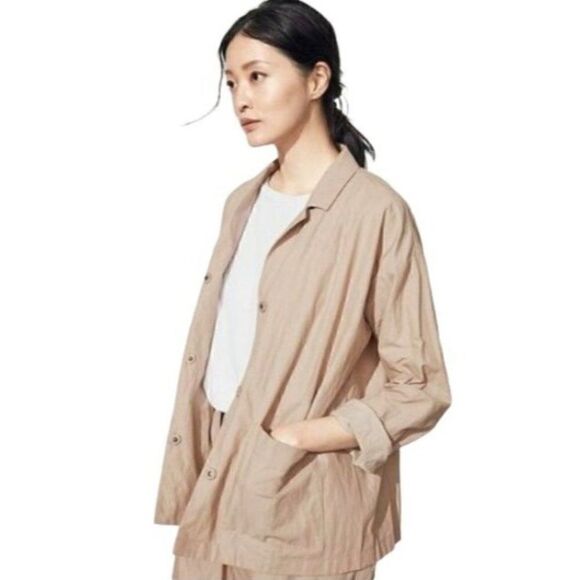 Eileen Fisher Bramble Boxy Crinkle Organic Cotton Steel Blazer Jacket Large Tan - Picture 3 of 15